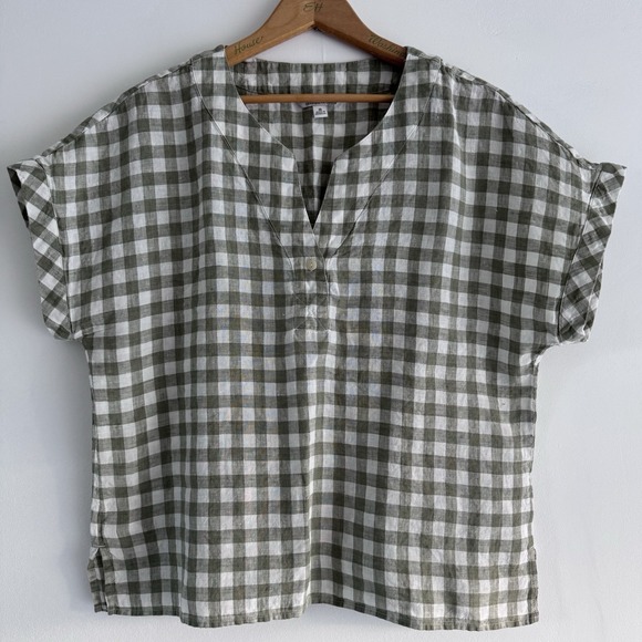 L.L. Bean Tops - L.L.Bean Signature Linen Split-Neck Shirt Size Medium Green Gingham